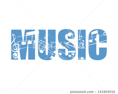 Blue MUSIC word typography with treble clef and musical notes vector illustration Blue MUSIC word typography with treble clef and musical notes vector illustration 142804916