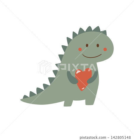 Cute little dinosaur with red heart. Vector isolated element on white background, funny illustration for Valentines day. Cute little dinosaur with red heart. Vector isolated element on white background, funny illustration for Valentines day. 142805148
