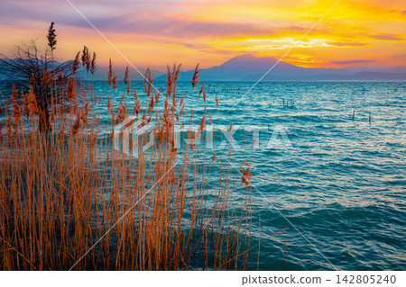 Early morning, sunrise over the lake. Garda lake (Lago di Garda), Italy, Europe Early morning, sunrise over the lake. Garda lake (Lago di Garda), Italy, Europe 142805240