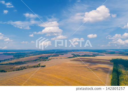 Rural landscape with a beautiful sky. Aerial view. View of plowed and green fields, and village in summer Rural landscape with a beautiful sky. Aerial view. View of plowed and green fields, and village in summer 142805257
