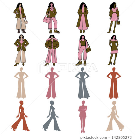 The image shows a digital fashion illustration sheet featuring diverse female outfits, silhouettes, and poses in a retro-inspired pink, brown, and blue color palette 142805273