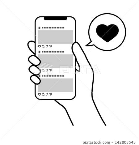 Illustration of a hand pressing the "like" button on a social media post using a smartphone. Illustration of a hand pressing the "like" button on a social media post using a smartphone. 142805543