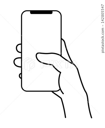 Illustration of a hand holding a smartphone in one hand. Illustration of a hand holding a smartphone in one hand. 142805547