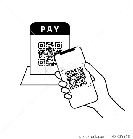 Illustration of a person holding their smartphone over a QR code in a store to make a payment. Illustration of a person holding their smartphone over a QR code in a store to make a payment. 142805548