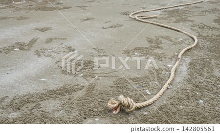 Long Knotted Rope Lying on Sandy Beach Shoreline Long Knotted Rope Lying on Sandy Beach Shoreline 142805561