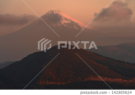 從伊豆半島伊豆山脊步道仁名峠展望台上眺望日出的富士山。 從伊豆半島伊豆山脊步道仁名峠展望台上眺望日出的富士山。 142805624