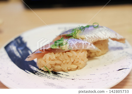 Japan April 29 2026 Silver fish nigiri sushi with garnish Japan April 29 2026 Silver fish nigiri sushi with garnish 142805733