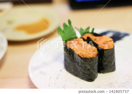 Japan April 29 2026 Sea urchin gunkan sushi close up Japan April 29 2026 Sea urchin gunkan sushi close up 142805737