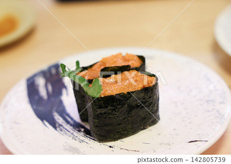 Japan April 29 2026 Sea urchin gunkan sushi close up Japan April 29 2026 Sea urchin gunkan sushi close up 142805739