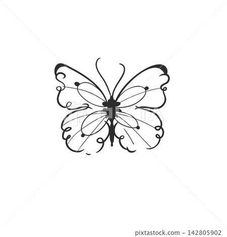 Hand Drawn Butterfly Line Art Vector Illustration, Symmetrical Decorative Insect with Ornamental Wings for Tattoo, Boho Fashion, Logo, Feminine Print, Beauty and Nature Design Hand Drawn Butterfly Line Art Vector Illustration, Symmetrical Decorative Insect with Ornamental Wings for Tattoo, Boho Fashion, Logo, Feminine Print, Beauty and Nature Design 142805902