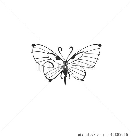 Hand Drawn Butterfly Line Art Vector Illustration, Elegant Black and White Insect with Decorative Wings for Tattoo, Logo, Fashion Print, Beauty and Nature Design Hand Drawn Butterfly Line Art Vector Illustration, Elegant Black and White Insect with Decorative Wings for Tattoo, Logo, Fashion Print, Beauty and Nature Design 142805916