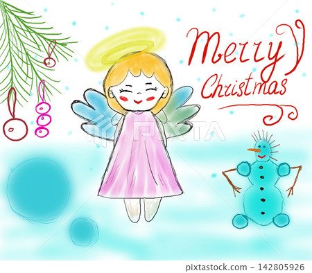 Hand-drawn Christmas illustration featuring a cute little angel girl with wings and halo, hand-written Merry Christmas text, a funny snowman, and pine tree branch with ornaments on a light blue Hand-drawn Christmas illustration featuring a cute little angel girl with wings and halo, hand-written Merry Christmas text, a funny snowman, and pine tree branch with ornaments on a light blue 142805926