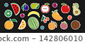 Set of fruits and berries, organic vitamins and healthy food. On a black background. Sticker collection. 142806010