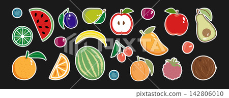 Set of fruits and berries, organic vitamins and healthy food. On a black background. Sticker collection. Set of fruits and berries, organic vitamins and healthy food. On a black background. Sticker collection. 142806010
