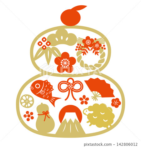 Illustration design of Kagami Mochi and auspicious items for the Year of the Sheep Illustration design of Kagami Mochi and auspicious items for the Year of the Sheep 142806012