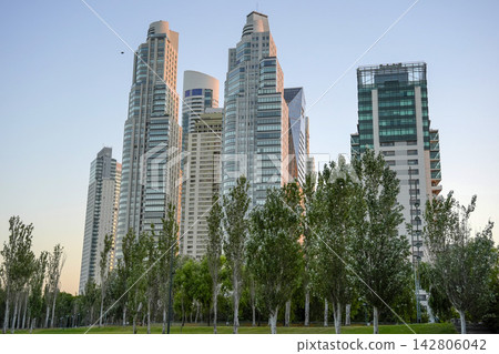 Puerto Madero Skyscrapers Behind Green Trees at Dusk Puerto Madero Skyscrapers Behind Green Trees at Dusk 142806042