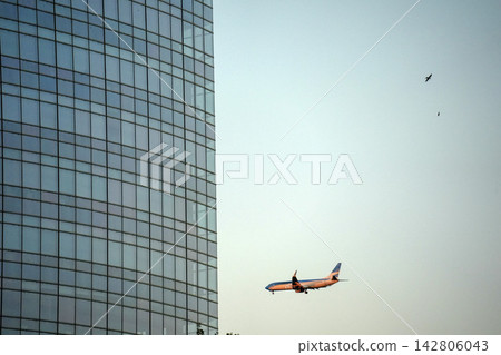 Commercial Airplane Flying Past Glass Skyscraper in Buenos Aires Commercial Airplane Flying Past Glass Skyscraper in Buenos Aires 142806043