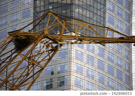 Bird Nest on Yellow Tower Crane Arm Against Glass Skyscraper Bird Nest on Yellow Tower Crane Arm Against Glass Skyscraper 142806053