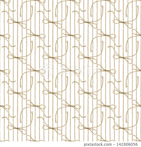 Seamless pattern with vertical twisted ropes and a tied bow knot hand painted with watercolor in monochrome sepia tones. Watercolor illustration on a isolated background for nautical themes, gift Seamless pattern with vertical twisted ropes and a tied bow knot hand painted with watercolor in monochrome sepia tones. Watercolor illustration on a isolated background for nautical themes, gift 142806056
