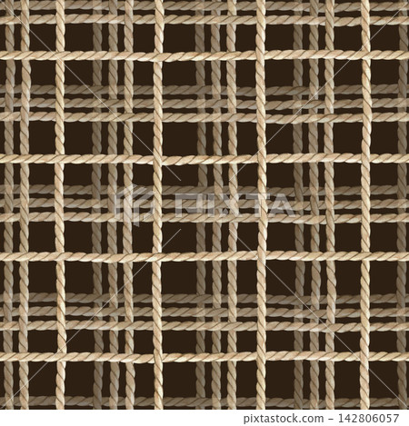 Watercolor seamless pattern with a grid made of twisted ropes. Nautical plaid jute ornament on dark backdrop for marine themed textiles, summer apparel, wallpaper, scrapbooking, wrapping paper or Watercolor seamless pattern with a grid made of twisted ropes. Nautical plaid jute ornament on dark backdrop for marine themed textiles, summer apparel, wallpaper, scrapbooking, wrapping paper or 142806057