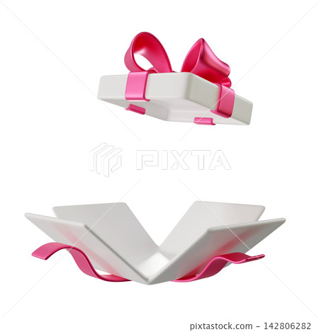 3D White Open Gift Box with a Pink Ribbon and Bow. A stylized icon perfect for Holiday, Birthday, Weddings or Christmas. Ideal for greeting cards and promotional materials. 3D rendering 3D White Open Gift Box with a Pink Ribbon and Bow. A stylized icon perfect for Holiday, Birthday, Weddings or Christmas. Ideal for greeting cards and promotional materials. 3D rendering 142806282