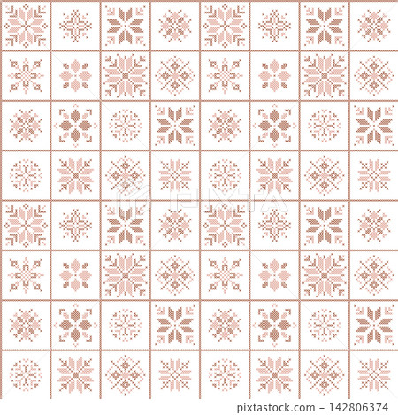 Geometric Christmas cross stitch seamless pattern with beige and brown snowflakes in grid tiles, neutral winter folklore embroidery background, minimalist Scandinavian vector illustration Geometric Christmas cross stitch seamless pattern with beige and brown snowflakes in grid tiles, neutral winter folklore embroidery background, minimalist Scandinavian vector illustration 142806374