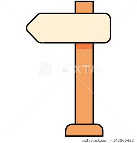 Flat style icon illustration of single arrow directional wooden signpost isolated on transparent background. Graphic design element clip art for navigation assets. 142806428