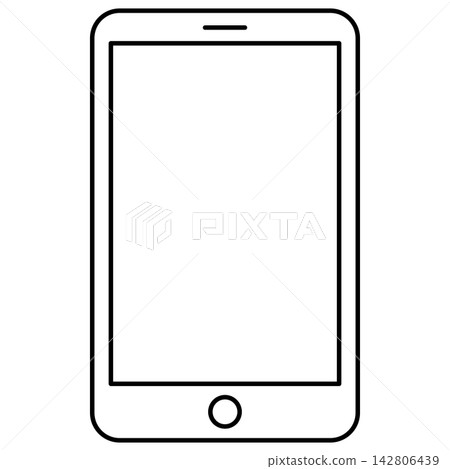 Minimalist black outline icon illustration of a modern smartphone isolated on transparent background. Line art stroke mobile phone device clip art graphic design element for tech assets. 142806439