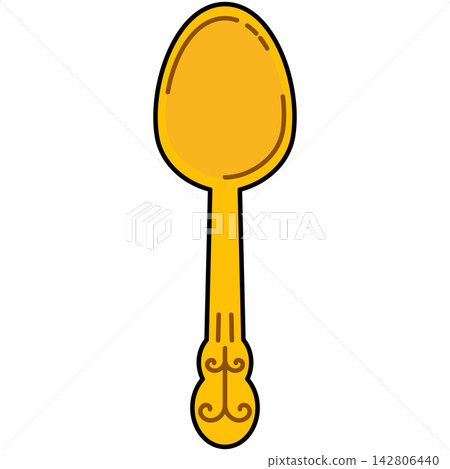 Flat style icon illustration of ornate gold spoon isolated on transparent background. Graphic design element clip art for luxury dining silverware assets. Flat style icon illustration of ornate gold spoon isolated on transparent background. Graphic design element clip art for luxury dining silverware assets. 142806440