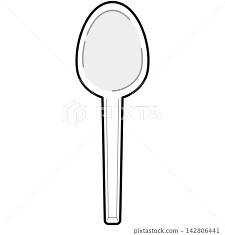 Flat style icon illustration of white plastic disposable spoon isolated on transparent background. Graphic design element clip art for takeaway fast food assets. 142806441