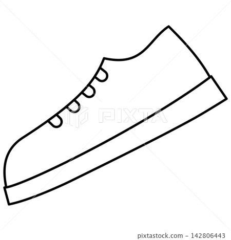 Minimalist black outline icon illustration of a casual sneaker shoe isolated on transparent background. Line art stroke sports footwear clip art graphic design element for fashion assets. 142806443