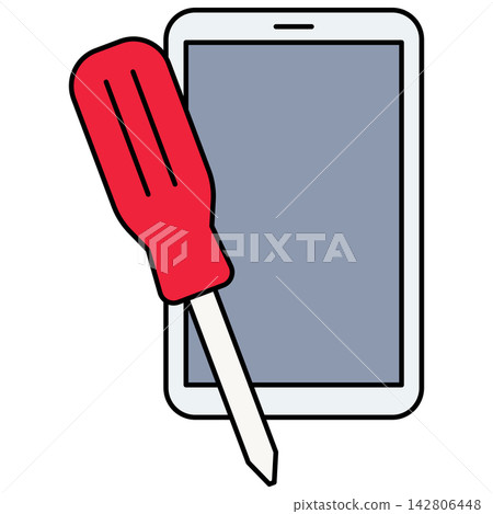 Flat style icon illustration of smartphone with repair screwdriver isolated on transparent background. Graphic design element clip art for mobile service assets. Flat style icon illustration of smartphone with repair screwdriver isolated on transparent background. Graphic design element clip art for mobile service assets. 142806448