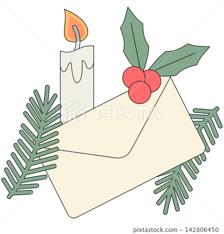 Flat style icon illustration of a Christmas letter envelope with candle isolated on transparent background. Colorful graphic design element clip art for holiday mail assets. Flat style icon illustration of a Christmas letter envelope with candle isolated on transparent background. Colorful graphic design element clip art for holiday mail assets. 142806450