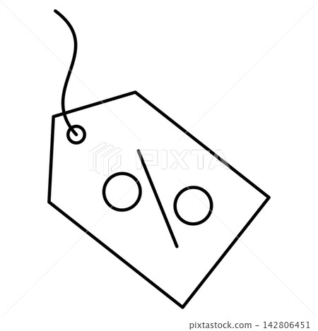 Minimalist black outline icon illustration of a price discount tag isolated on transparent background. Line art stroke sale promo label clip art graphic design element for shopping assets. 142806451