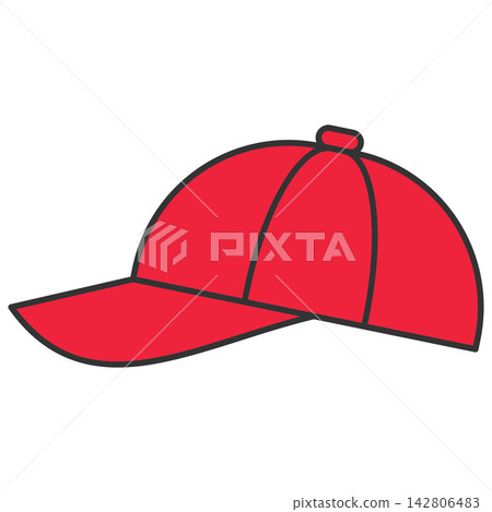 Flat style icon illustration of a red baseball cap isolated on transparent background. Colorful graphic design element clip art for casual headwear fashion assets. 142806483