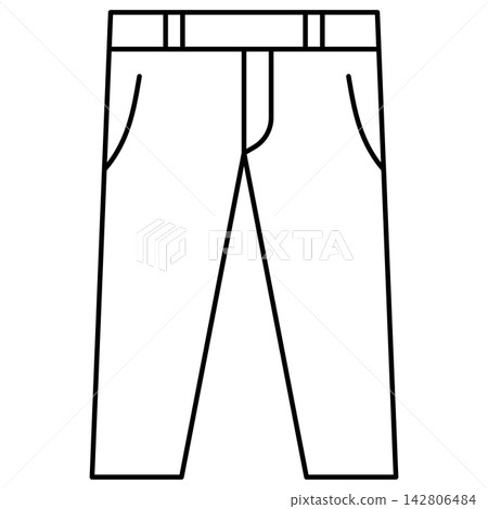 Minimalist black outline icon illustration of long trousers pants isolated on transparent background. Line art stroke mens apparel clothing clip art graphic design element for fashion assets. 142806484