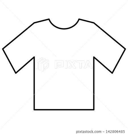 Minimalist black outline icon illustration of a casual t-shirt isolated on transparent background. Line art stroke short sleeve clothing clip art graphic design element for apparel assets. 142806485