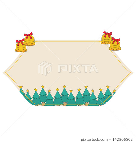 Flat style icon illustration of horizontal Christmas banner with pine trees and bells isolated on transparent background. Colorful graphic design element clip art for text space assets. Flat style icon illustration of horizontal Christmas banner with pine trees and bells isolated on transparent background. Colorful graphic design element clip art for text space assets. 142806502