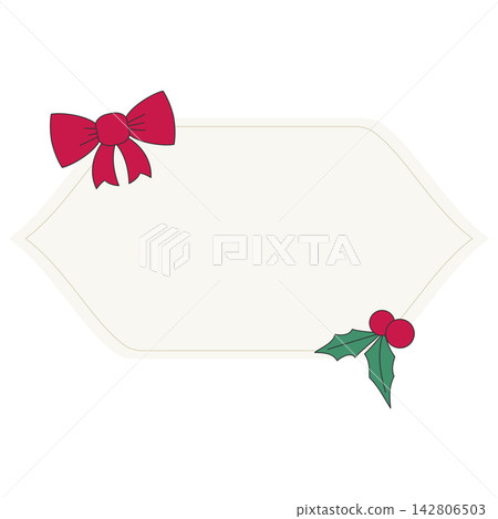 Flat style icon illustration of Christmas label frame with ribbon bow and holly leaves isolated on transparent background. Colorful graphic design element clip art for text assets. Flat style icon illustration of Christmas label frame with ribbon bow and holly leaves isolated on transparent background. Colorful graphic design element clip art for text assets. 142806503