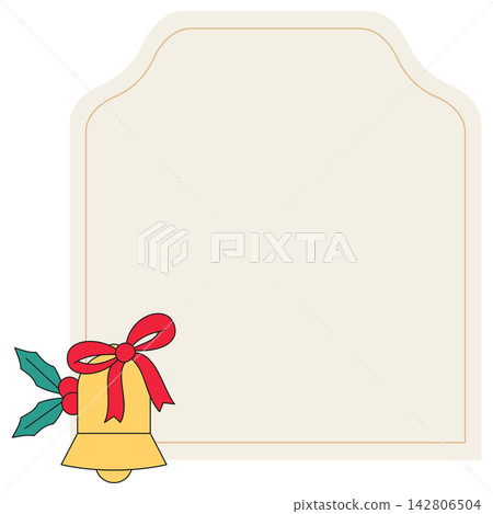Flat style icon illustration of Christmas card frame with golden bell and red ribbon isolated on transparent background. Colorful graphic design element clip art for text space assets. Flat style icon illustration of Christmas card frame with golden bell and red ribbon isolated on transparent background. Colorful graphic design element clip art for text space assets. 142806504