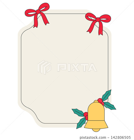 Flat style icon illustration of Christmas frame with red ribbons and jingle bell isolated on transparent background. Colorful graphic design element clip art for text assets. Flat style icon illustration of Christmas frame with red ribbons and jingle bell isolated on transparent background. Colorful graphic design element clip art for text assets. 142806505