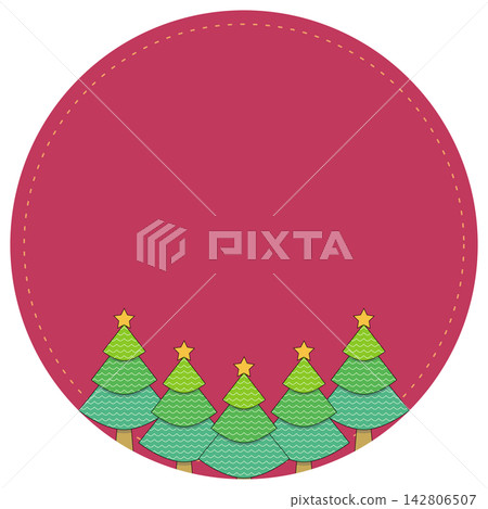 Flat style icon illustration of red circular Christmas frame decorated with pine trees isolated on transparent background. Colorful graphic design element clip art for holiday text assets. Flat style icon illustration of red circular Christmas frame decorated with pine trees isolated on transparent background. Colorful graphic design element clip art for holiday text assets. 142806507
