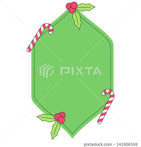 Flat style icon illustration of green Christmas frame with candy canes and holly berries isolated on transparent background. Colorful graphic design element clip art for text space assets. Flat style icon illustration of green Christmas frame with candy canes and holly berries isolated on transparent background. Colorful graphic design element clip art for text space assets. 142806508