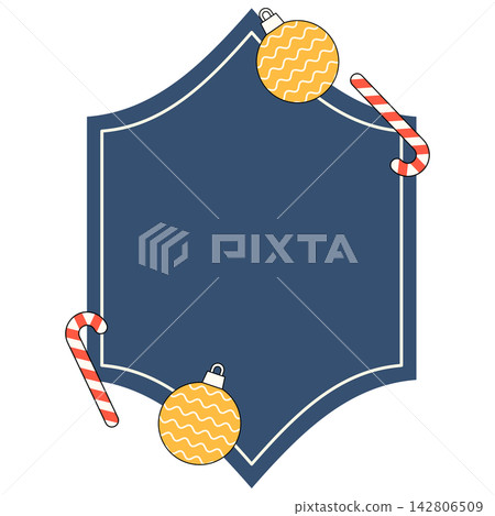 Flat style icon illustration of blue Christmas frame with baubles and candy canes isolated on transparent background. Colorful graphic design element clip art for holiday card assets. Flat style icon illustration of blue Christmas frame with baubles and candy canes isolated on transparent background. Colorful graphic design element clip art for holiday card assets. 142806509
