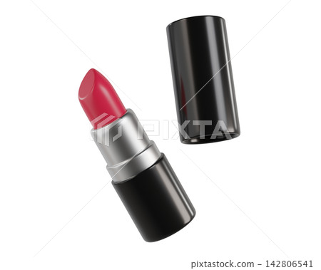 3D Vibrant Red Lipstick isolated on white background. Luxury elegant lipstick case, Beauty makeup cosmetic product. 3d render	 142806541