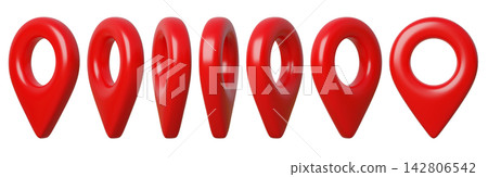 3D set of Red Geolocation Markers, from different sides for Maps, GPS. Location pin icon, navigation coordinates, travel guide, trip. Destination, location, Route, road. Isometric view. 3d render. 3D set of Red Geolocation Markers, from different sides for Maps, GPS. Location pin icon, navigation coordinates, travel guide, trip. Destination, location, Route, road. Isometric view. 3d render. 142806542