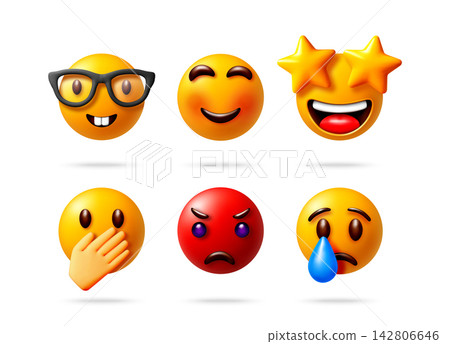 Set of six 3d emoji faces showing different emotions Set of six 3d emoji faces showing different emotions 142806646