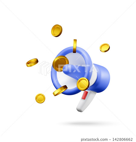 3d megaphone with golden coins flying 142806662