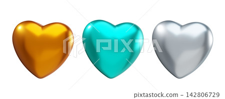 Set of Romantic 3d Heart. Gold, Teal, Silver hearts. Valentines day and romantic symbol on transparent background. Love concept. 3d rendering	 142806729