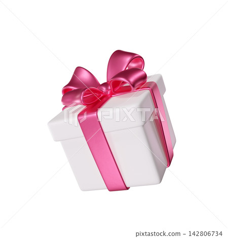 3D White Gift Box with a Pink Ribbon and Bow for Holiday, Birthday, Weddings, St. Valentine's Day or Christmas. Ideal for greeting cards and promotional materials. 3D rendering 3D White Gift Box with a Pink Ribbon and Bow for Holiday, Birthday, Weddings, St. Valentine's Day or Christmas. Ideal for greeting cards and promotional materials. 3D rendering 142806734